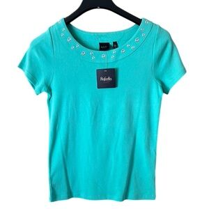 NWT Rafaella Women's Turquoise Green Top Decorative Neckline Size Small